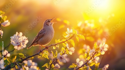 Lark chirping on a spring morning in nature