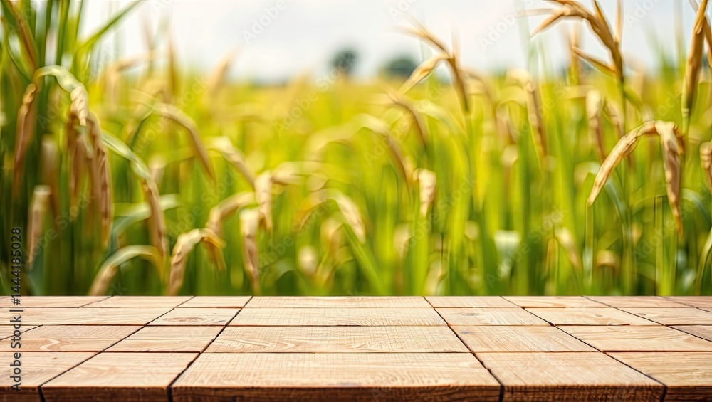Rustic Wooden Tabletop Display on Blurry Rice Field Background