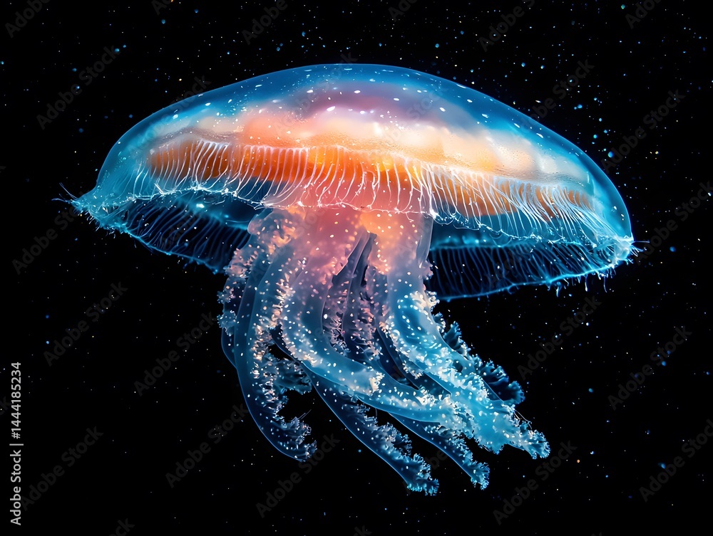 Fototapeta premium Vibrant Bioluminescent Jellyfish Floating in Deep Ocean Waters with Glowing Tentacles and Stunning Light Display Under Dark Starry Sky