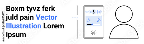 Smart control device with microphone icon and temperature settings alongside abstract text and user profile icon. Ideal for technology, innovation, user experience, mobile apps, AI, smart homes