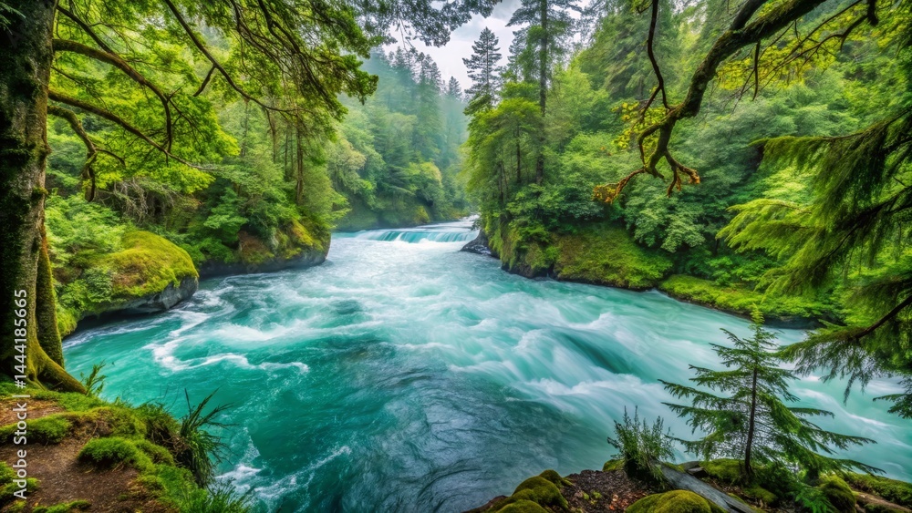 Obraz premium River Rapids Through Lush Green Forest