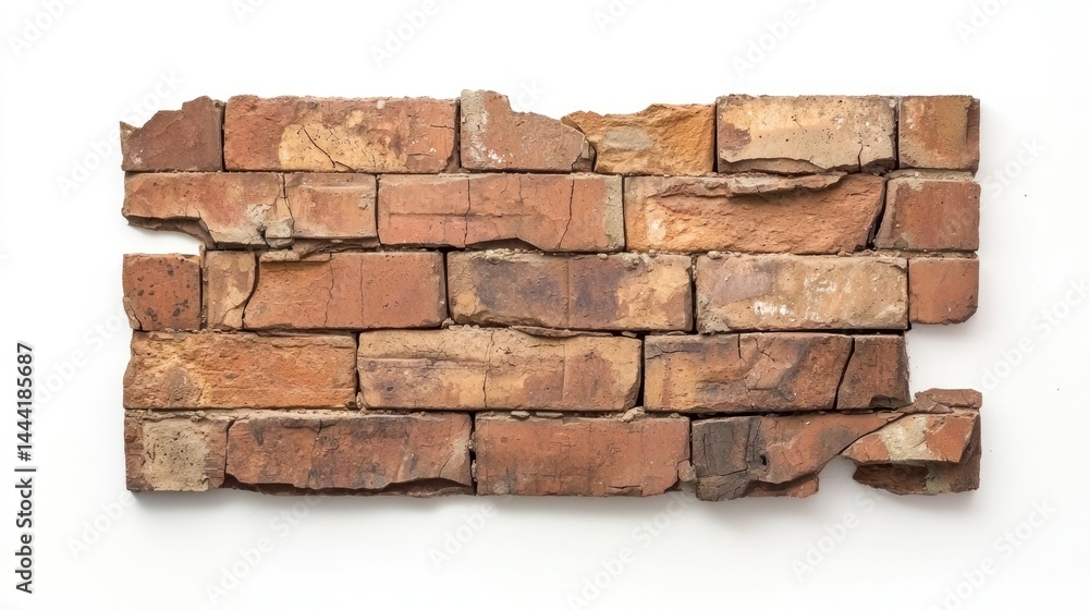 Obraz premium Damaged brick wall with missing sections and cracked bricks on white background.