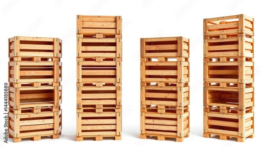 Stacked Wooden Crates on White Background - 3D Rendering