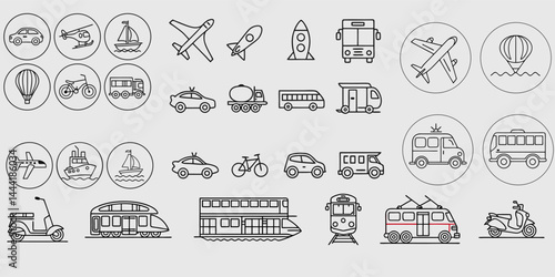 Transportation, vehicle icon set. Vector glyph pictograms of travel, logistics, public transit concepts, car, train, bus, bicycle, boat, and airplane black