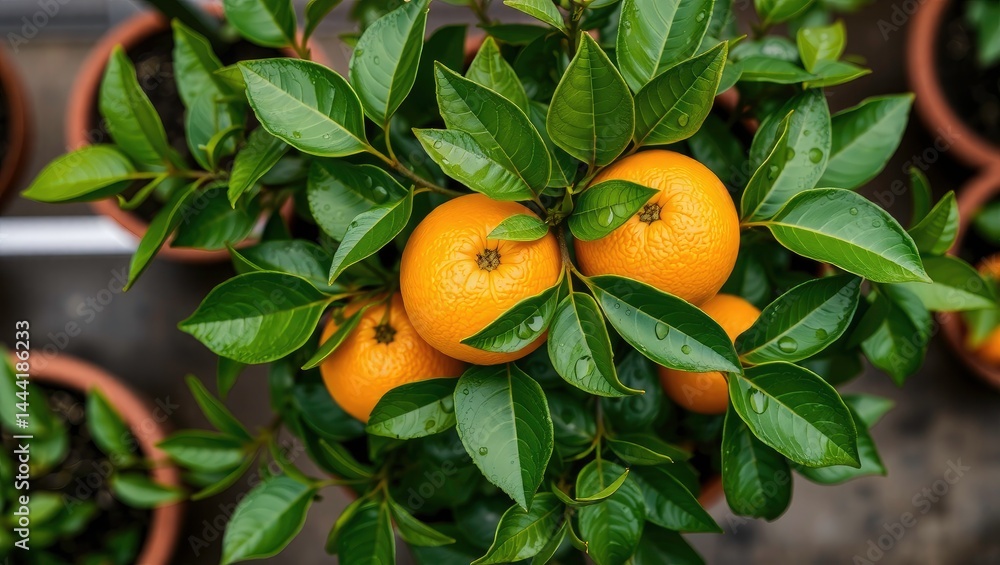 Tangerine Tree in Greenhouse Pot - Raindrops, Top View