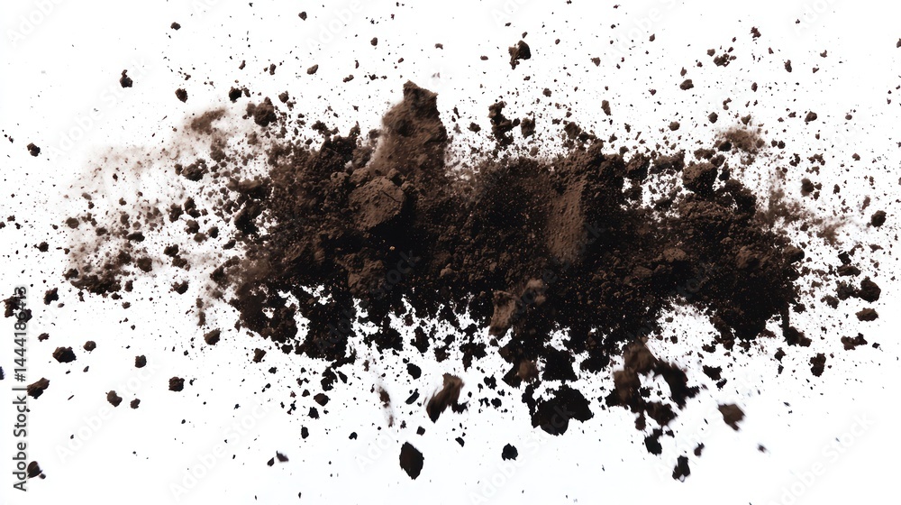 Dark brown soil explosion with scattered debris and flying dust on white background Dark brown soil explosion with scattered debris and flying dust on white background