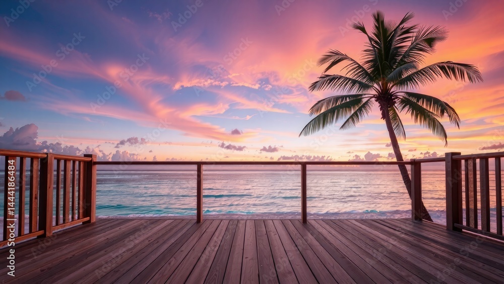 Tranquil Wooden Terrace Over Tropical Beach at Sunrise