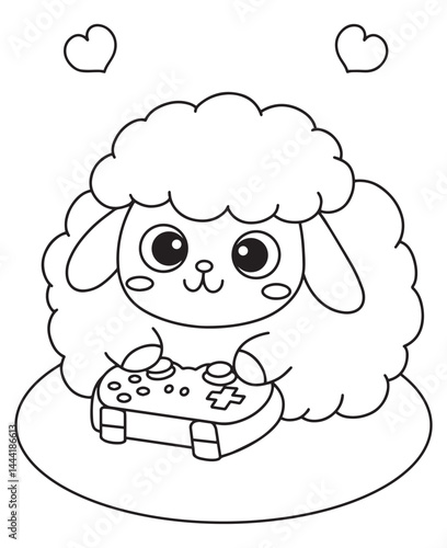Coloring book lamb holding a video game controller with hearts around