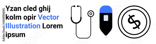 Stethoscope, glucose monitor, and dollar coin representing health diagnostics, treatment affordability, and medical expenses. Ideal for healthcare, finance, insurance, budgeting medical tech