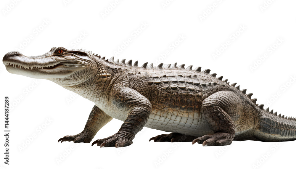 Naklejka premium Realistic depiction of a crocodile in a natural pose, showcasing its features and texture against a plain background on transparent background