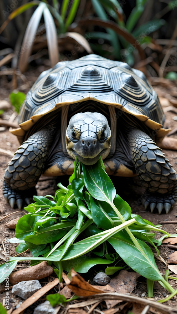 Naklejka premium Radiated tortoise feasts on green leaves