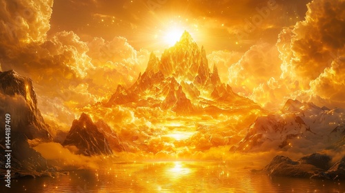 黄金に輝く神々しい山と湖