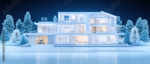 Modern Luxurious Villa at Night, Winter Wonderland Setting