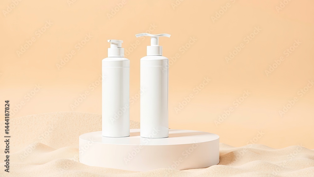 White Cosmetic Pump Bottles on Podium, Beach Sand Background, Blank Packaging