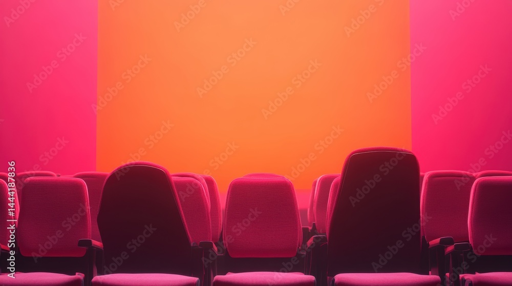 Obraz premium People in the cinema auditorium with Cinema blank wide screen and red chairs in the cinema hall,People silhouettes watching movie performance,empty white screen,space for text,copy space.