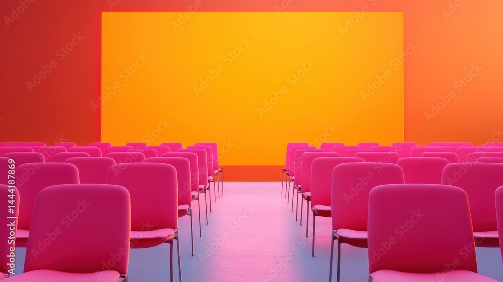 Fototapeta premium People in the cinema auditorium with Cinema blank wide screen and red chairs in the cinema hall,People silhouettes watching movie performance,empty white screen,space for text,copy space.