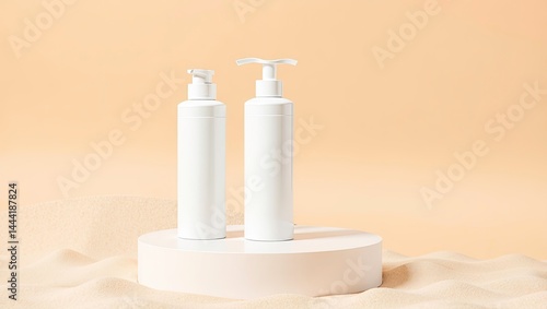 Obraz na płótnie White Cosmetic Pump Bottles on Podium, Beach Sand Background, Blank Packaging w salonie