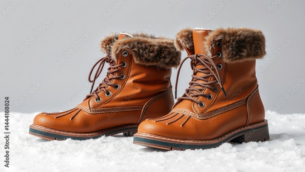 Winter Boots on Snow, Brown Leather, Fur Lined