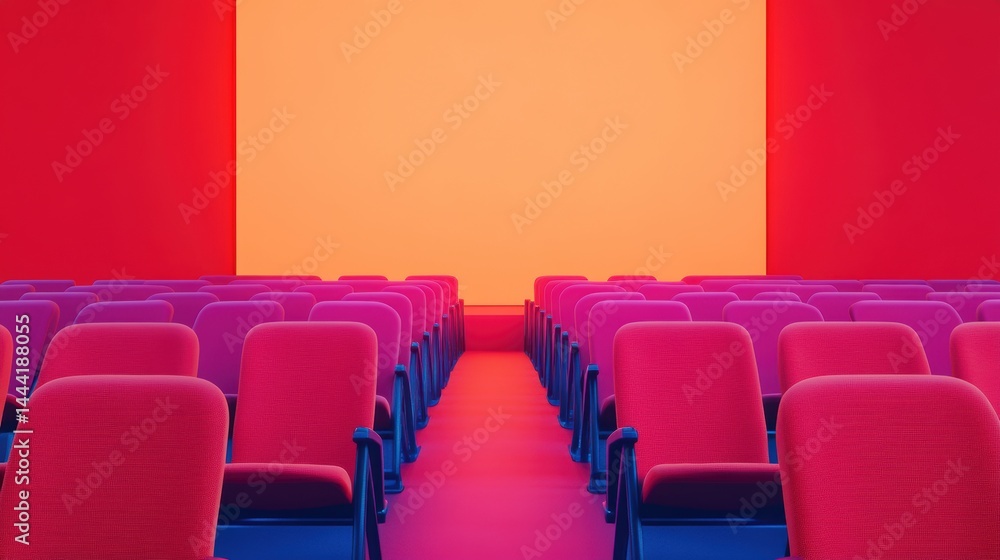 Obraz premium People in the cinema auditorium with Cinema blank wide screen and red chairs in the cinema hall,People silhouettes watching movie performance,empty white screen,space for text,copy space.