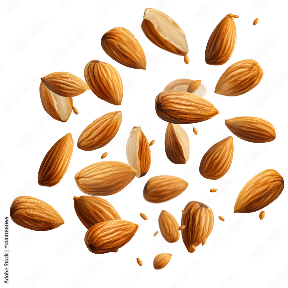 almond flying isolated on transparent background Generative Ai. almond flying isolated on transparent background Generative Ai.