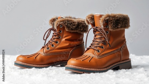 Obraz na płótnie Winter Boots on Snow, Brown Leather, Fur Lined w salonie