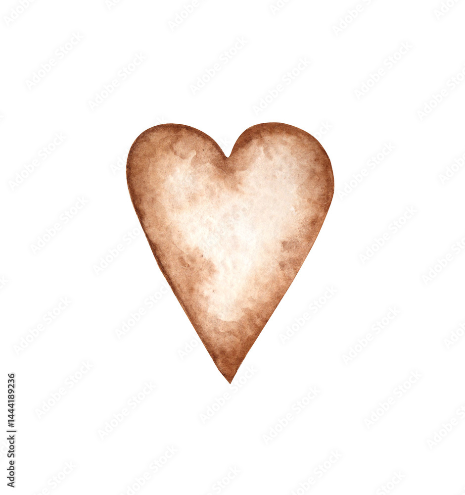 Fototapeta premium Heart brown for valentine's day, mother's day, friends, girlfriends watercolor illustration. Concept of love, relationship, art, painting.