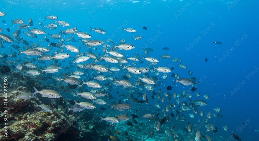 Fototapeta premium School of Fish Swimming Near Coral Reef in Clear Blue Ocean