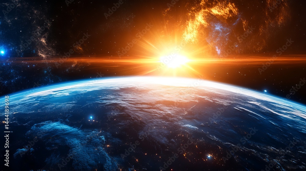 Obraz premium Stunning earth sunrise space view dramatic orange blue planet sky day dark stars night light power