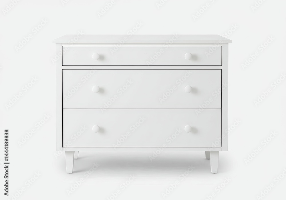 A white dresser with three drawers and round knobs sitting against a white background in a studio shot A white dresser with three drawers and round knobs sitting against a white background in a studio shot
