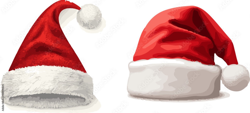 Realistic Santa Hats Collection - Red Christmas Hat Vector Illustration with White Fur Trim Realistic Santa Hats Collection - Red Christmas Hat Vector Illustration with White Fur Trim
