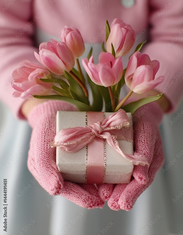 close-up shot from top-down perspective captures childs hands adorned with delicate pink tulips cradling beautifully wrapped gift box symbol of love and appreciation likely on Mothers Day close-up shot from top-down perspective captures childs hands adorned with delicate pink tulips cradling beautifully wrapped gift box symbol of love and appreciation likely on Mothers Day