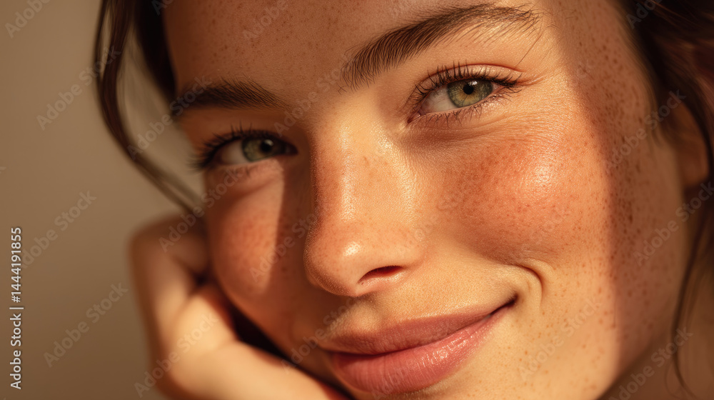 Close-up portrait of a woman with a radiant, natural glow. Her skin is healthy-looking, with a touch of blush and subtle freckles. Soft lighting accentuates her features Close-up portrait of a woman with a radiant, natural glow. Her skin is healthy-looking, with a touch of blush and subtle freckles. Soft lighting accentuates her features
