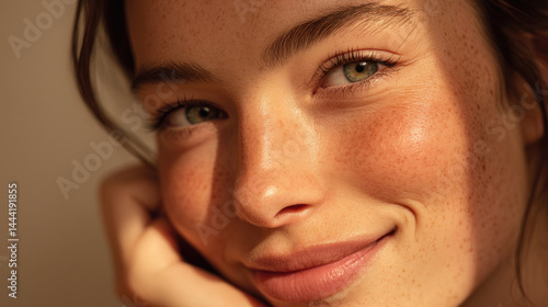 Close-up portrait of a woman with a radiant, natural glow.  Her  skin is healthy-looking, with a touch of blush and subtle freckles.  Soft lighting accentuates her features