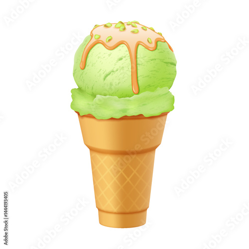 Illustration of green ice cream cone topped with orange drizzle and nuts. Bright colors create an appetizing look. Ideal for dessert menus or summer promotions. White background enhances focus.