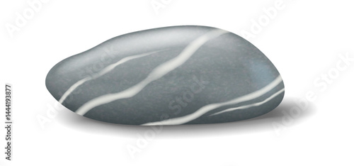 Realistic illustration of a smooth gray stone with white veins and shadow. Digital rendering showcases intricate patterns in neutral tones for nature themes.