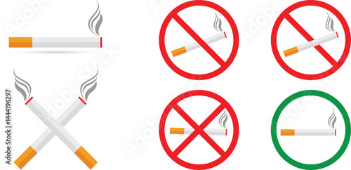 No Smoking Signs and Cigarettes Vector Illustration.