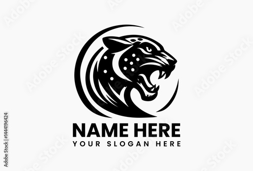 Bold black jaguar head silhouette with sharp contours, fierce vector logo for sports teams and outdoor brands
