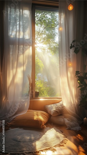 Ostara Witchy window nook with Ostara decorations, sun rays through sheer curtains, magical soft ambiance