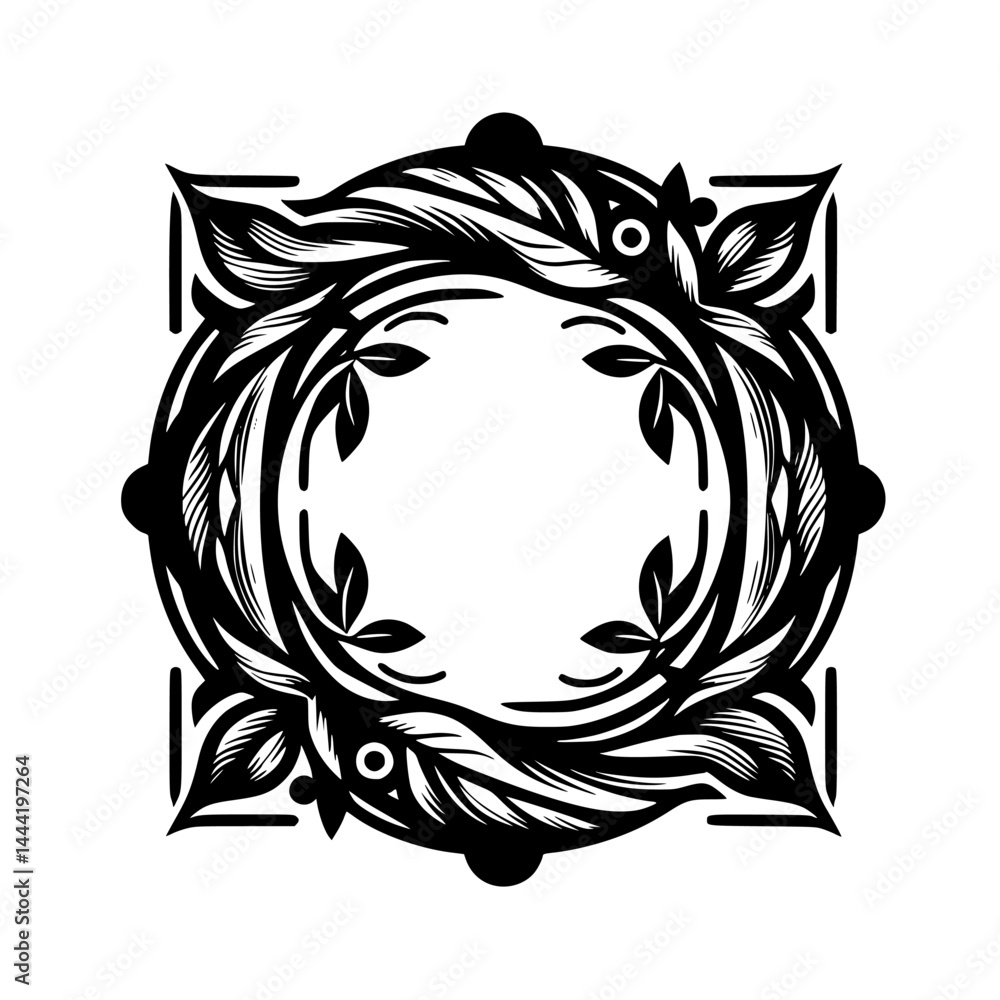Obraz premium Ornate Black & White Floral Wreath Design on White Background