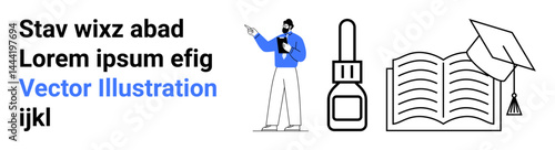 Person pointing, open book, ink bottle, and graduation cap representing education, teaching, learning, creativity, achievement scholarly work and academic success. Ideal for simple landing page