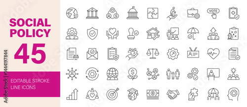 Social Policy icon set. Containing welfare, government, society, service, education, reform, health care, legislation, medicine, law and more. Editable line icons. Vector illustration.