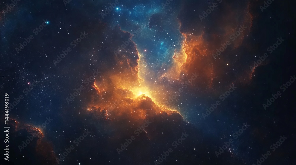 Stunning cosmic nebula with vibrant orange and blue hues in deep space sky gas dark fire dust glow Stunning cosmic nebula with vibrant orange and blue hues in deep space sky gas dark fire dust glow