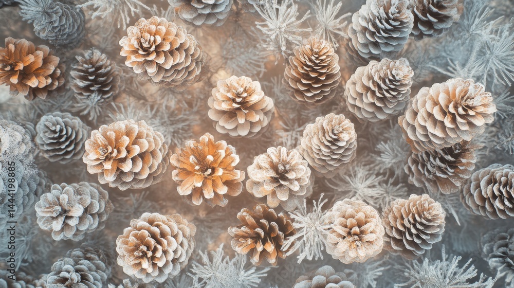 Obraz premium Frosted pine cones arranged in a decorative pattern.