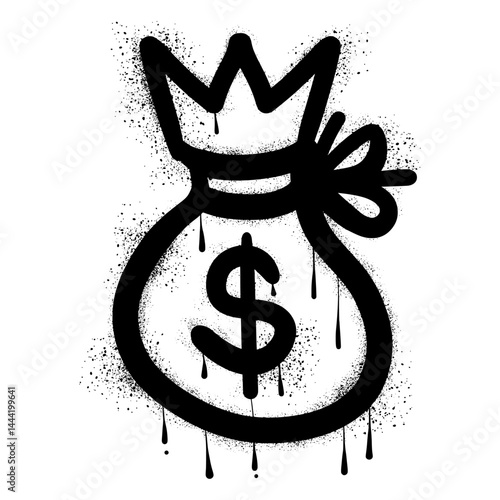 Money bag with crown drawn in black spray paint graffiti