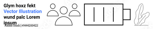 Abstract outline of three people next to a low battery symbol and plant element. Ideal for teamwork, productivity, energy, sustainability, motivation, collaboration, simple landing page