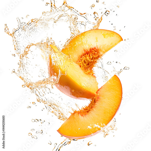 Two slices of peach with a water splash around them against a white background.