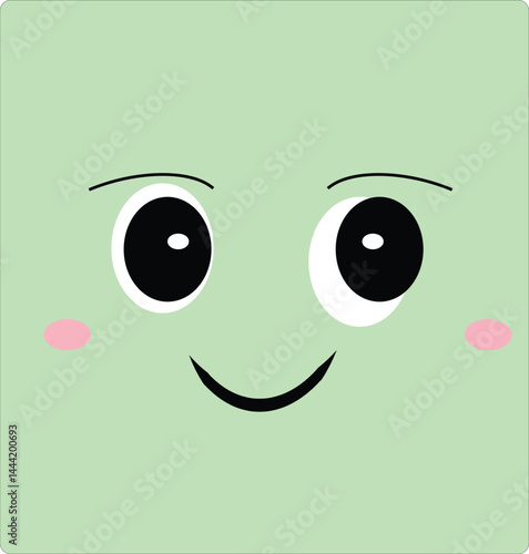 A green square shape with cartoon-style smiling face and blush cheeks, ideal for educational resources and playful children’s designs.