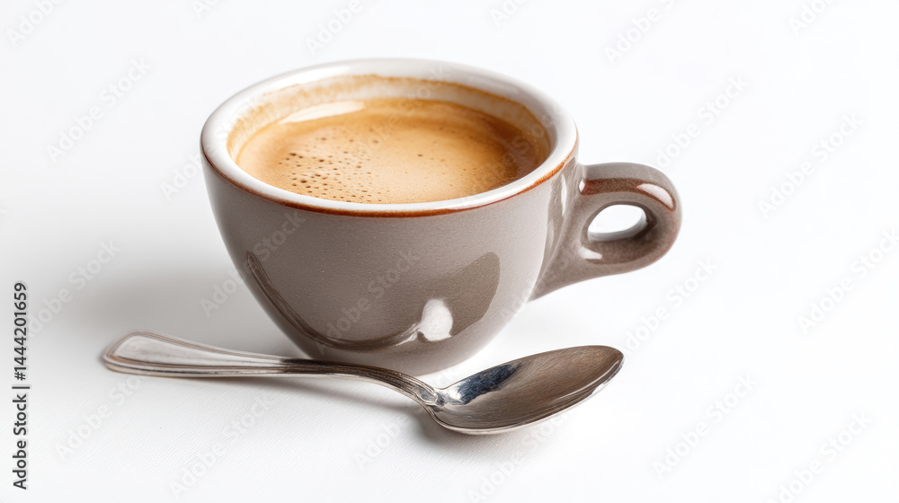 Fototapeta premium A rich, dark espresso in a grey, stylish cup. A small silver spoon rests beside it