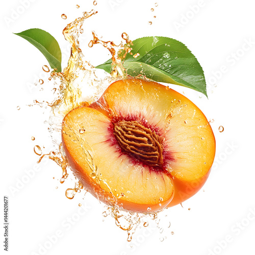 A half-cut peach with a few drops of water around it. There are green leaves behind it.