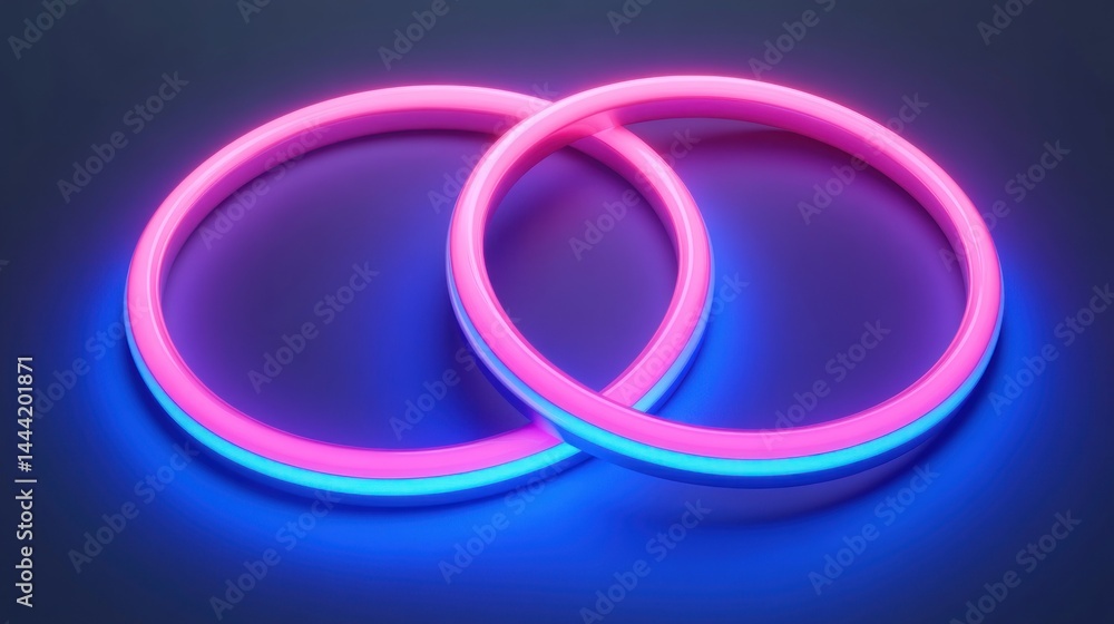 Two vibrant, intertwined neon rings glow brightly. Two vibrant, intertwined neon rings glow brightly.